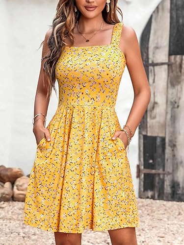 Women’s Sleeveless Square Neck A-Line Midi Sundress – Casual Summer Dress with Pockets