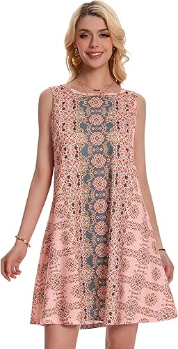 Women’s Boho Sleeveless Floral Sundress – Summer Beach Flowy Tank Dress with Pockets