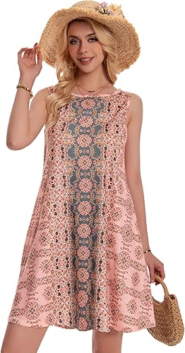 Women’s Boho Sleeveless Floral Sundress – Summer Beach Flowy Tank Dress with Pockets