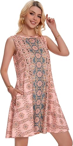 Women’s Boho Sleeveless Floral Sundress – Summer Beach Flowy Tank Dress with Pockets