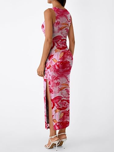 Women’s Sleeveless Floral Bodycon Maxi Dress – Ruched Side Slit Party Outfit