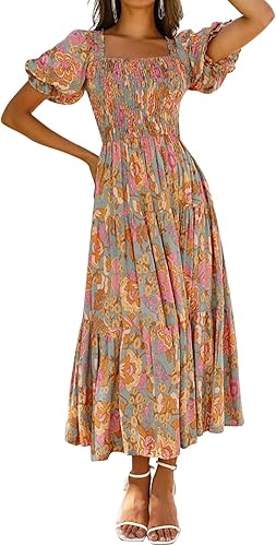 Women’s 2025 Boho Floral Maxi Dress – Square Neck Ruffle Swing Beachwear