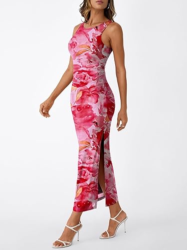 Women’s Sleeveless Floral Bodycon Maxi Dress – Ruched Side Slit Party Outfit