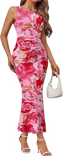 Women’s Sleeveless Floral Bodycon Maxi Dress – Ruched Side Slit Party Outfit
