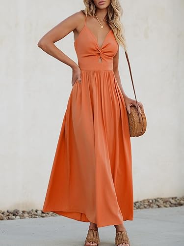 Women’s Sleeveless V-Neck Maxi Dress – Summer Beach Cutout Spaghetti Strap Outfit