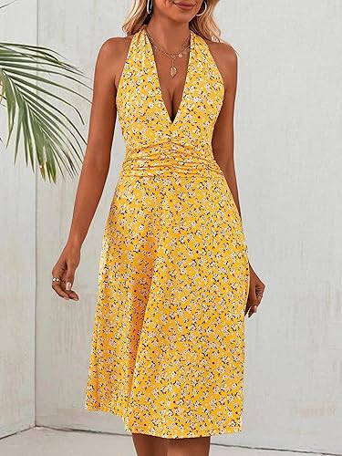Women’s Sleeveless Halter Neck Floral Mini Sundress – Elastic Waist & Pockets