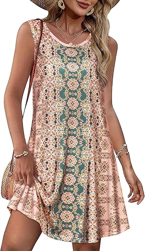 Women’s Boho Sleeveless Floral Sundress – Summer Beach Flowy Tank Dress with Pockets