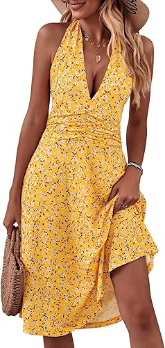 Women’s Sleeveless Halter Neck Floral Mini Sundress – Elastic Waist & Pockets