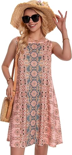 Women’s Boho Sleeveless Floral Sundress – Summer Beach Flowy Tank Dress with Pockets