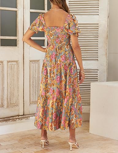 Women’s 2025 Boho Floral Maxi Dress – Square Neck Ruffle Swing Beachwear