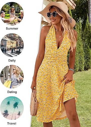 Women’s Sleeveless Halter Neck Floral Mini Sundress – Elastic Waist & Pockets