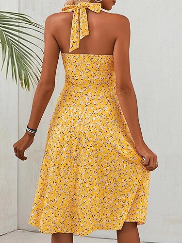 Women’s Sleeveless Halter Neck Floral Mini Sundress – Elastic Waist & Pockets