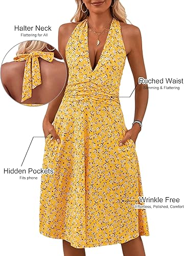 Women’s Sleeveless Halter Neck Floral Mini Sundress – Elastic Waist & Pockets