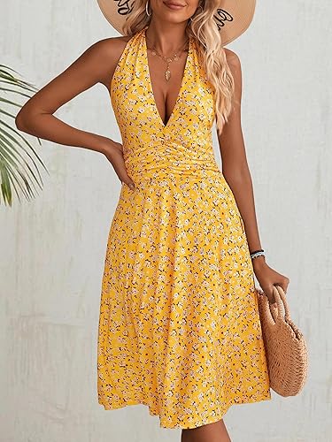 Women’s Sleeveless Halter Neck Floral Mini Sundress – Elastic Waist & Pockets
