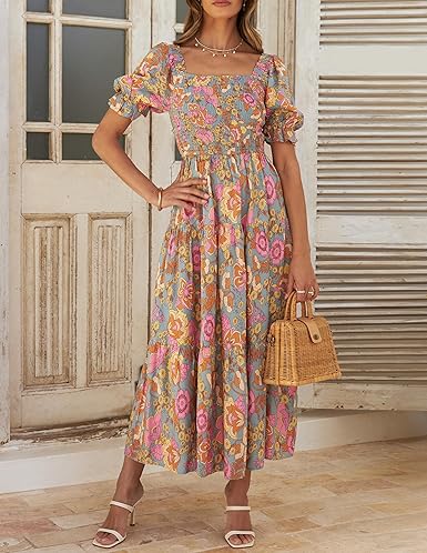 Women’s 2025 Boho Floral Maxi Dress – Square Neck Ruffle Swing Beachwear