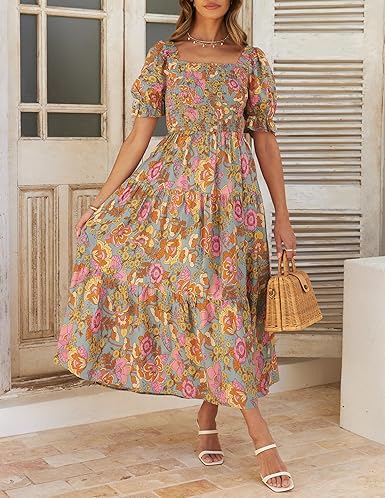Women’s 2025 Boho Floral Maxi Dress – Square Neck Ruffle Swing Beachwear