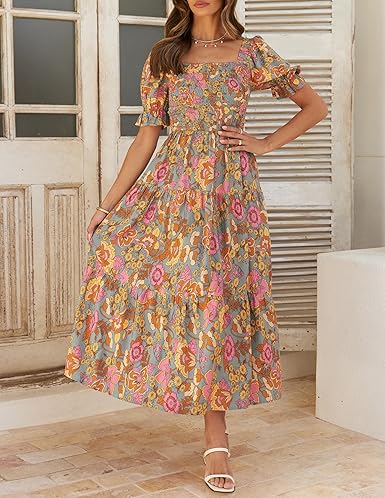 Women’s 2025 Boho Floral Maxi Dress – Square Neck Ruffle Swing Beachwear